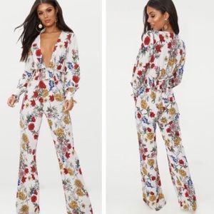 White Floral Shirring Waist Detail Jumpsuit